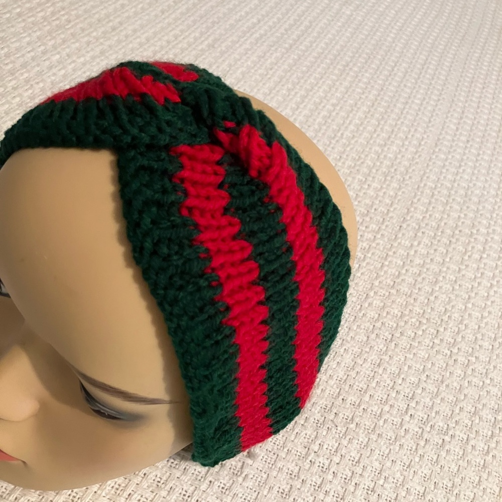 HandKnit Winter twisted Headband Red and Green Striped Size M/L warm ears